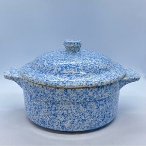 Vintage Treasure Craft Pottery Blue Spongeware Casserole Dish with Lid 9 5/8" L
